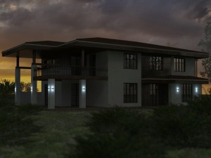 Проект дома с панорамными окнами и террасами Гаронна, вид 3 вечерний