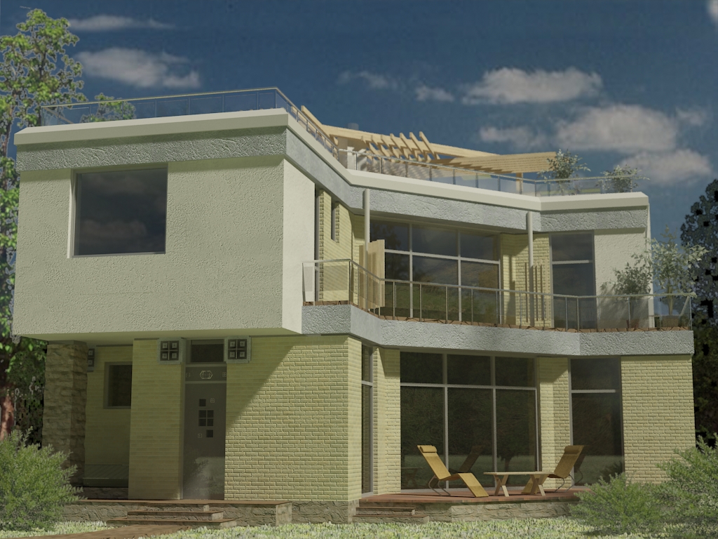 проект дома в современном стиле с плоской кровлей и панорамными окнами Эбро-400, вид 1