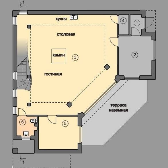 проект жилого дома с плоской эксплуатируемой кровлей и террасами Эбро-320, план 1 этажа