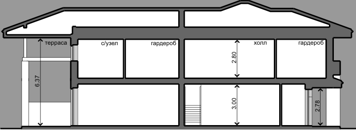 Проект дома с панорамными окнами и террасами Гаронна, продольный разрез