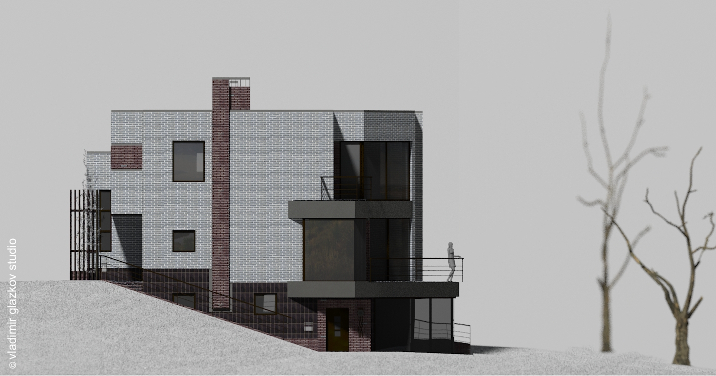 Фасад 1, вариант отделки 2; Северн - проект дома с плоской кровлей и террасами на склоне