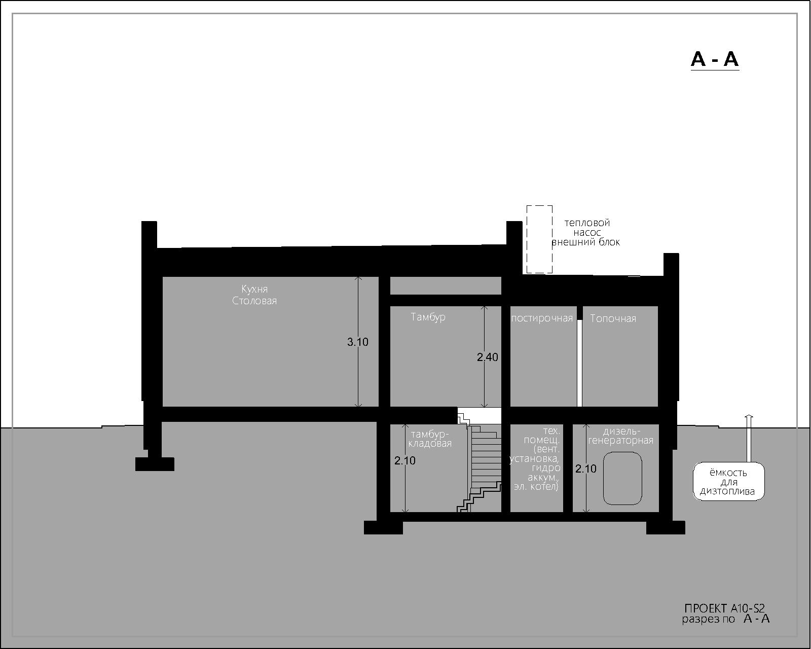 Дом в разрезе, Проект А10S2 – Проект одноэтажного дома с убежищем, плоской кровлей, террасой и панорамными окнами – разрез